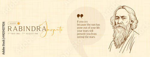 Rabindranath Tagore illustration for 22 Shey Shrabon Rabindra Jayanti Social Media Post, Web Banner, Status
