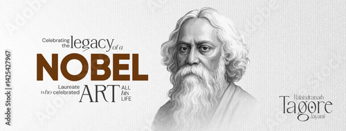 Rabindranath Tagore illustration for 22 Shey Shrabon Rabindra Jayanti Social Media Post, Web Banner, Status