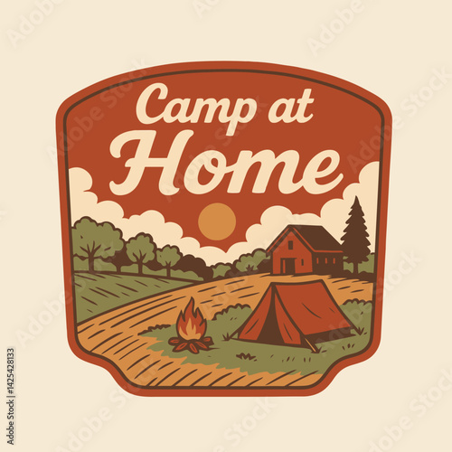 Camping at Home Illustration of Tent, Bonfire, and Cabin Scene