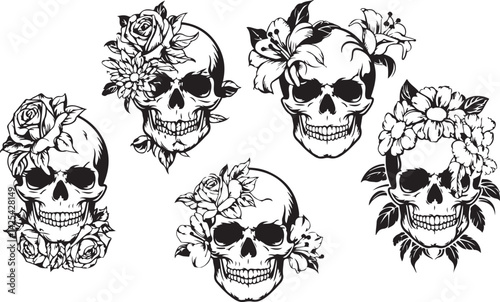 Floral Skull Silhouettes Vector with Roses and Leaves for Tattoo Art, Gothic Design, Halloween, Vintage Aesthetic, and Day of the Dead Themes