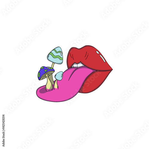 Surreal illustration of red lips with a tongue sticking out, from which various mushrooms are growing. Psychedelic, fantasy-inspired artwork with vibrant colors and imaginative details.
