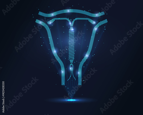 Intrauterine device hologram. Futuristic holographic projection of an IUD with glowing energy flux and medical design. Ideal for healthcare, gynecology, and contraception concepts