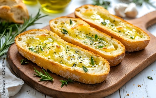  A cutting board featuring slices of bread adorned with garlic and parsley for flavor.