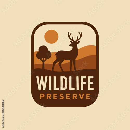 Wildlife Preserve Graphic with Deer Tree and Sun in Natural Tones