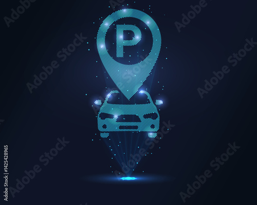 Parking hologram. Futuristic holographic projection of a parking sign with glowing energy flux and urban transport design. Ideal for traffic, city planning, and automotive concepts