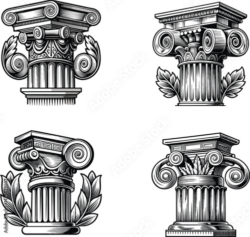Classic Columns Architectural Designs Black and White Illustrations Silhouette Vector Image