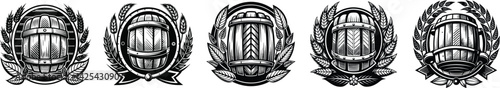 Wood Barrels Wheat and Leaves Designs Brewery Logo Black And White Vector Image