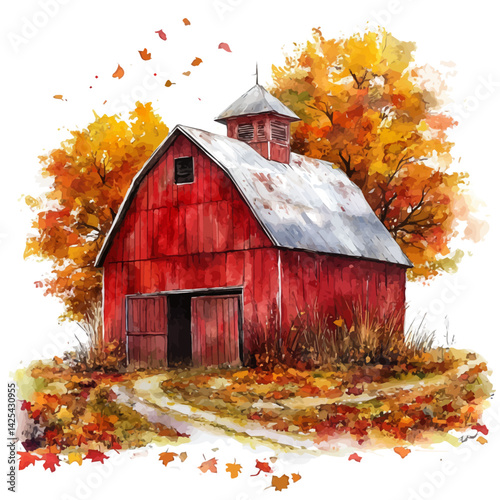 Barn surrounded by autumn leaves, watercolor illustration, isolated on a white background.


