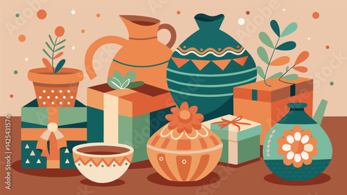 A collage of handmade pottery pieces each one lovingly crafted and painted with care waiting to be wrapped and given as special holiday presents..