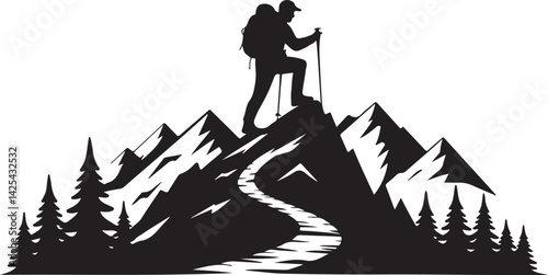 Mountain Hiking Silhouette with Scenic Landscape, Trail, and Pine Trees Vector for Outdoor Adventure, Hiking Club, and Nature Travel Design