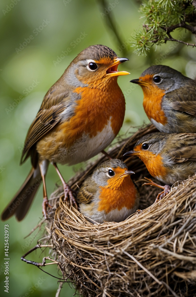 Fototapeta premium robin feeding thier chicks in nest