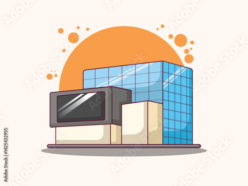 office vector buildings illustrations in perspective view with blue glass facade in cartoon style. Isolated on white background