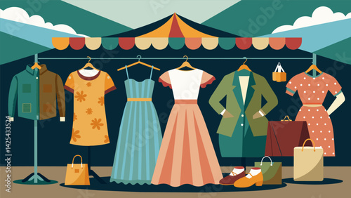A market stall filled with racks of vintage clothing from flowy Victorian dresses to retro graphic tshirts appealing to the fashionforward and.