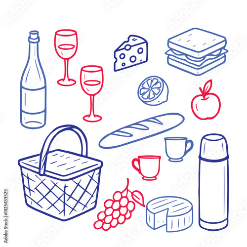 Hand drawn picnic set illustration in red and blue lines. Includes wine, glasses, cheese, sandwich, fruit, thermos, baguette, picnic basket, and cups. Perfect for picnic, outdoor meal, or summer