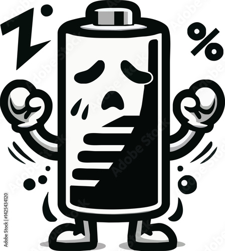 Battery character, anthropomorphic, tired expression, low energy, cartoon style, black and white illustration, doodle art, worried face, percentage symbol, lightning bolt, simple design, mascot, empty