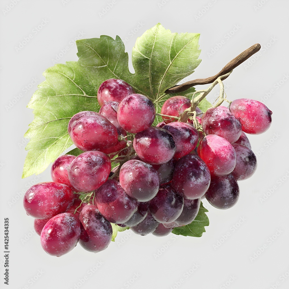 Fototapeta premium A lush bunch of ripe red grapes with a vibrant green leaf hangs from a slender vine ready for harvest.