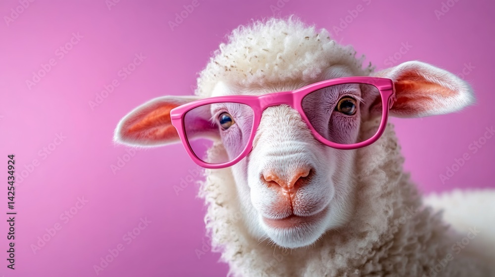 Sheep wearing pink glasses is staring at the camera. The image has a playful and whimsical mood, as the sheep is dressed up in a way that is not typical for a sheep Sheep wearing pink glasses is staring at the camera. The image has a playful and whimsical mood, as the sheep is dressed up in a way that is not typical for a sheep
