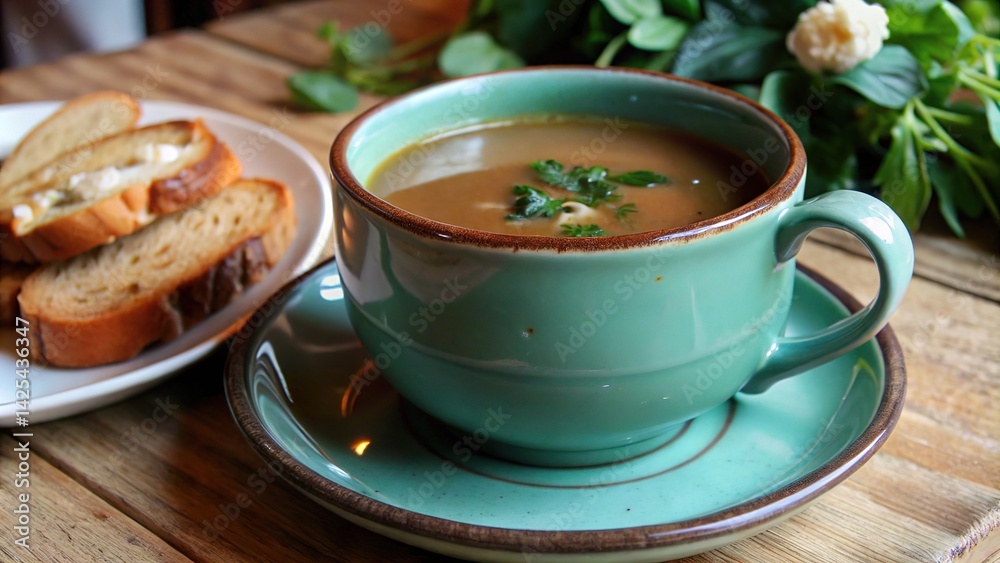 Enjoying a warm cup of coffee with a slice of bread on a rustic wooden table in a cozy cafe atmosphere Enjoying a warm cup of coffee with a slice of bread on a rustic wooden table in a cozy cafe atmosphere