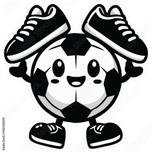 Soccer ball Mascot: The soccer ball mascot, radiating happiness, is holding soccer shoes to showcase fun and active lifestyle