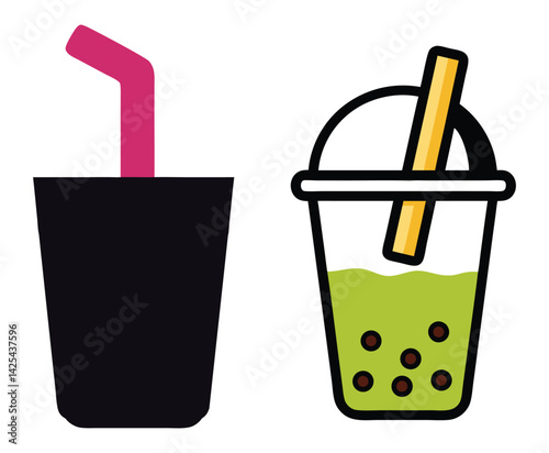 Dark Cup with Pink Straw and Green Boba Tea on White Background