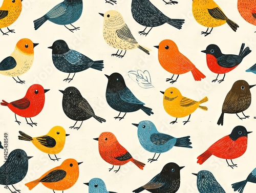 seamless pattern with birds, set of birds on a white background	
