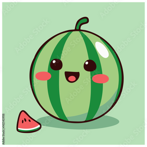 A cute lovely watermelon cartoon illustration with happy face
