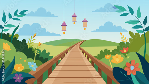 A wooden boardwalk lined with colorful wildflowers and adorned with calming wind chimes providing a mindful escape from the chaos of daily life.. Vector illustration