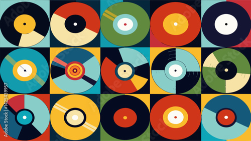 A handcrafted collage of vinyl record covers each one carefully and arranged to create a visually stunning piece of art. Vector illustration
