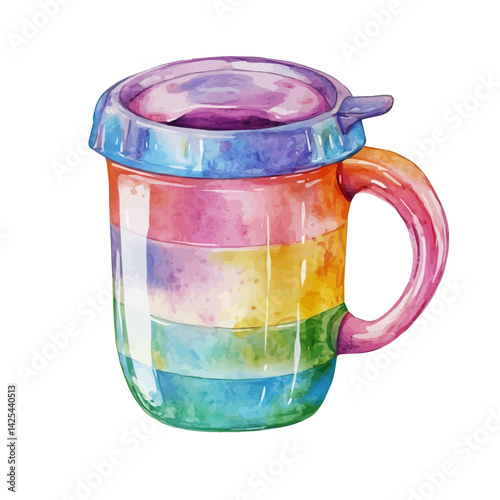 Baby sippy cup with handle, watercolor illustration, isolated on a white background.

