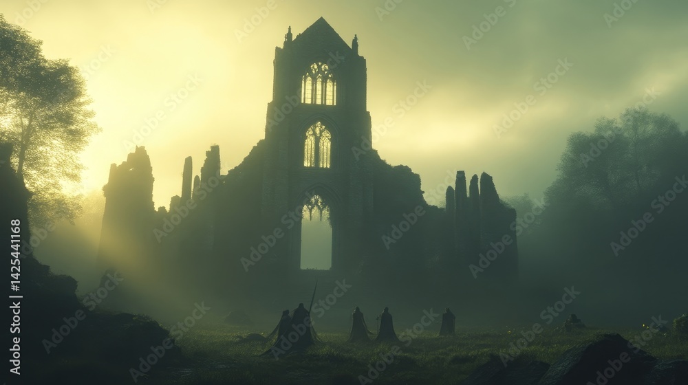 Obraz premium Ruined abbey shrouded in morning mist