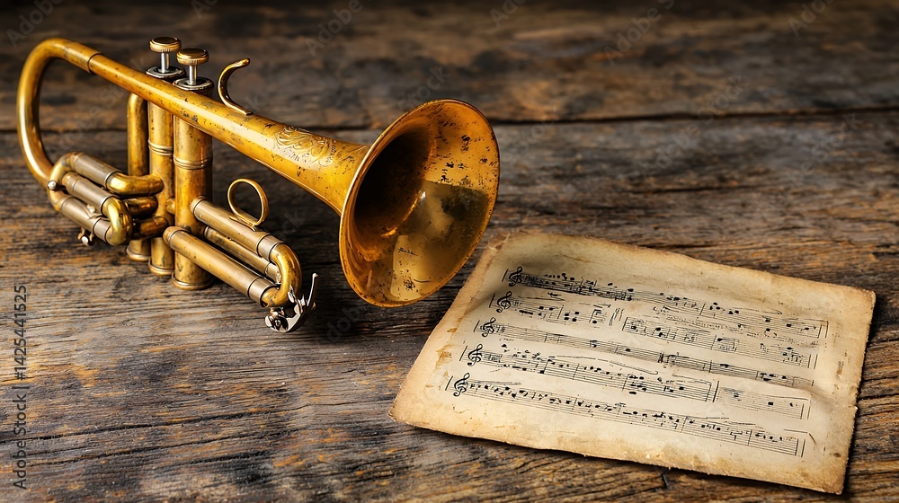 Naklejka premium Aged Brass Trumpet and Antique Sheet Music on Dark Wooden Surface