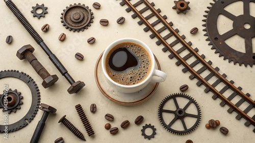 Coffee cup surrounded by iron gears, bolts, and railway tracks in an industrial setting evoking creativity and nostalgia