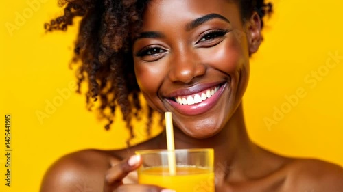 Smiling black woman enjoying orange juice against a yellow background  