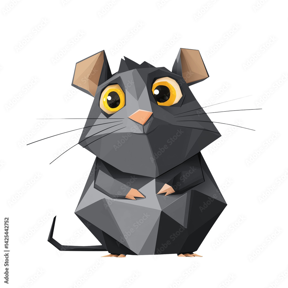 Fototapeta premium Low poly cute black mouse with big eyes on transparent background