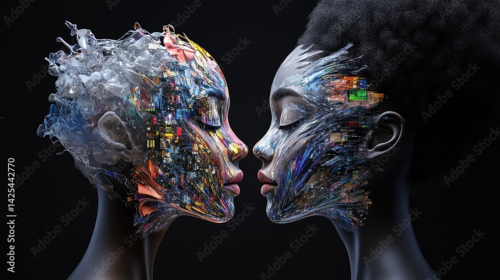 Naklejka premium Two female profiles, abstract tech patterns, glowing elements, digital marketing idea