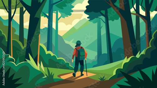 A lone hiker making their way through a dense forest taking in the earthy scents and feeling the coolness of the shade..