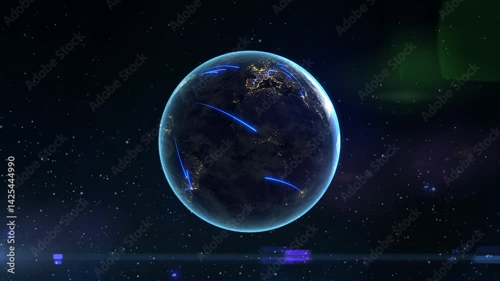 Virtual world map globe illuminated by intercity connections. Symbolizing global communication, information flow, international networks, and digital commerce. Worldwide connectivity, 4k footage.