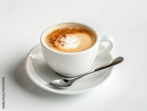 A white background features a cup of milk that has a spoon placed in it