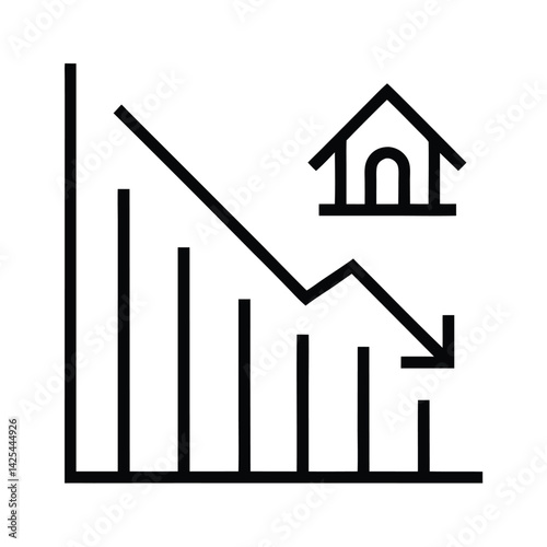 Downward Graph with House Outline Icon on Transparent Background in Minimal Style