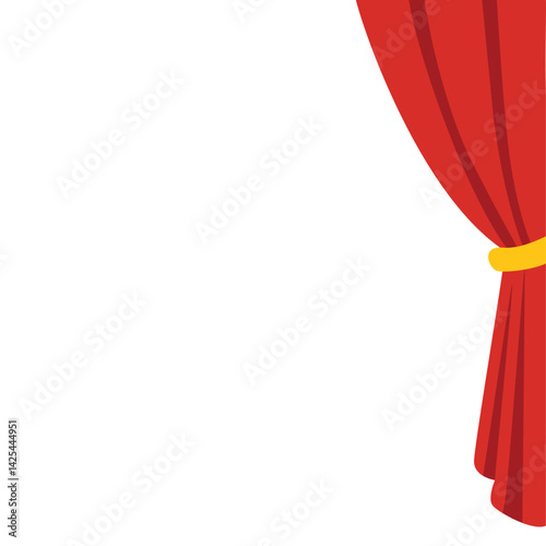 Classic red stage curtain tied on the left side with a yellow band. Features a scalloped valance top, perfect for performance or theater themes.