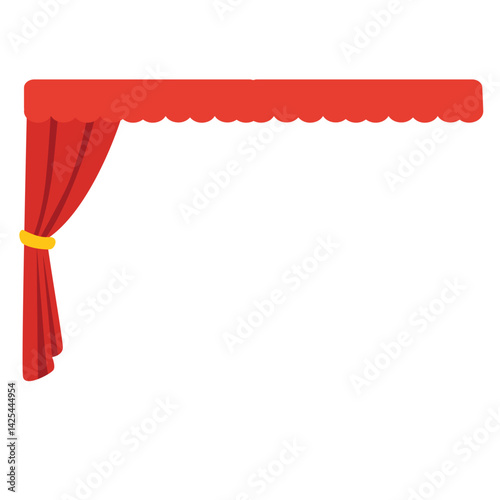Classic red stage curtain tied on the left side with a yellow band. Features a scalloped valance top, perfect for performance or theater themes.