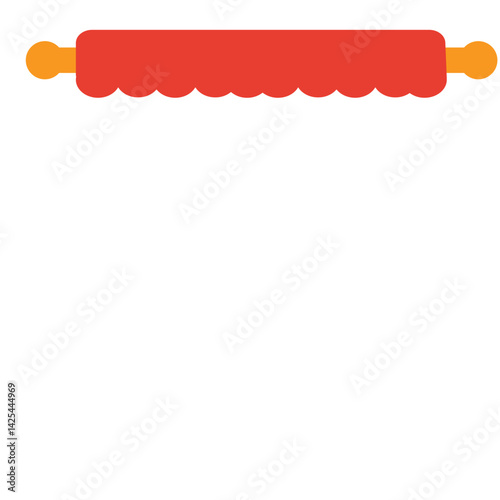 A simple red curtain valance with scalloped edges, mounted on a horizontal yellow rod. Ideal for stage top decor or theater-themed illustrations.