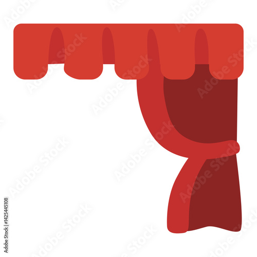 Classic red stage curtain tied on the left side with a yellow band. Features a scalloped valance top, perfect for performance or theater themes.