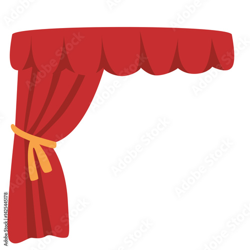Classic red stage curtain tied on the left side with a yellow band. Features a scalloped valance top, perfect for performance or theater themes.