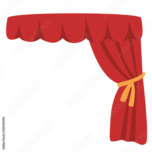 Classic red stage curtain tied on the left side with a yellow band. Features a scalloped valance top, perfect for performance or theater themes.