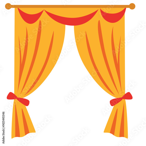 Decorative yellow and red stage curtain with floral accents. Tied drapes and top swag create a formal, elegant frame suitable for performances or ceremonies.