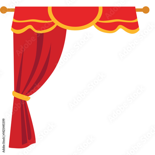 Classic red stage curtain tied on the left side with a yellow band. Features a scalloped valance top, perfect for performance or theater themes.