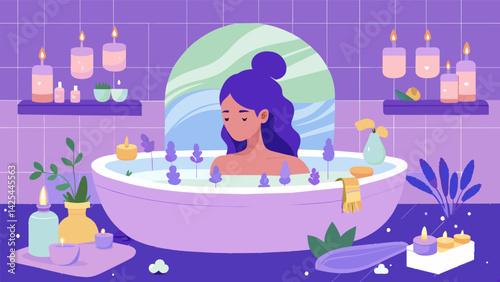 A lightfilled bathroom where a girl takes a luxurious bubble bath full of lavender and eucalyptus scents surrounded by flickering candles..