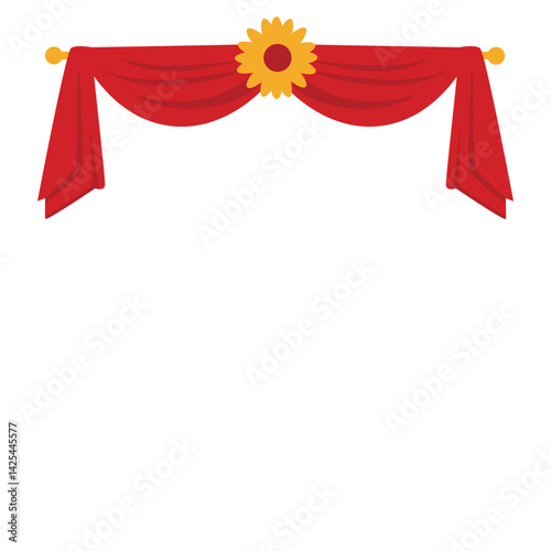 Red curtain valance with a yellow flower accent in the center, elegantly draped and hung on a horizontal rod, perfect for decorative staging.