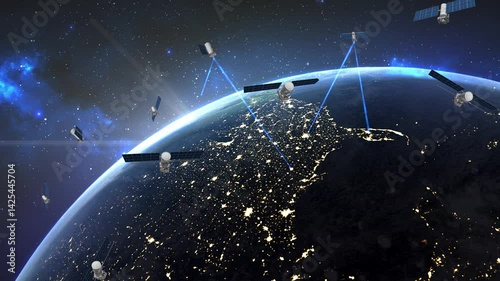 Artificial earth satellites in near-Earth orbit receive and transmit digital radio signals. Global information exchange. Global Positioning System (GPS). Satellite communications over America, 4k.